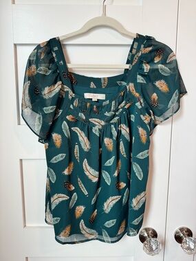 LOFT Teal Feather Print Blouse size SP